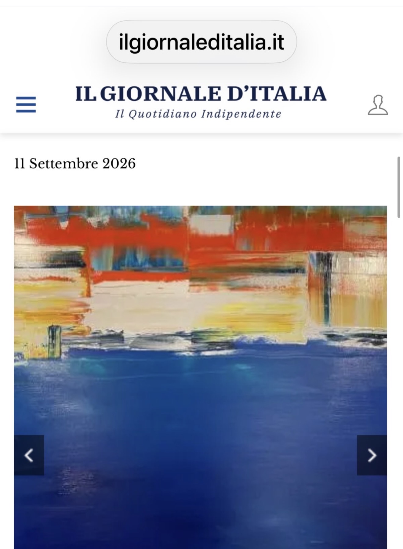 Pagina de Il Giornale d’Italia del 11 settembre 2026 con un dipinto astratto di Jeff Spees.